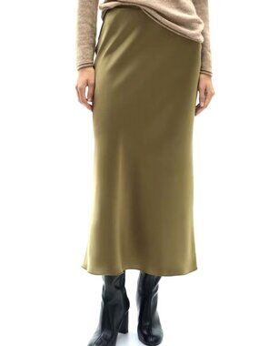 Mango Satin Midi Skirt M • Green A-Line • Elastic Waist Fluid Skirt